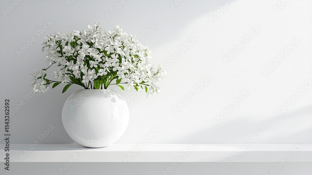 A simple vase with white flowers on a minimalist shelf against a white wall. A simple vase with white flowers on a minimalist shelf against a white wall.