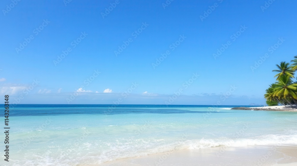 A stunning beach landscape with pristine white sand, crystal clear turquoise waters, and lush palm trees swaying in the gentle breeze, blue sky, natural, sea A stunning beach landscape with pristine white sand, crystal clear turquoise waters, and lush palm trees swaying in the gentle breeze, blue sky, natural, sea
