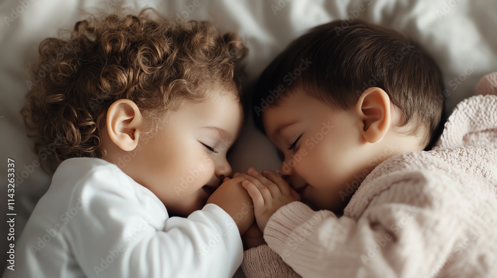Two adorable babies sleeping peacefully while holding hands in a cozy indoor environment. Two adorable babies sleeping peacefully while holding hands in a cozy indoor environment.