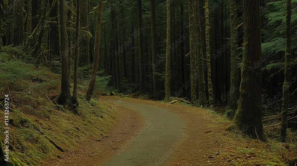 Naklejka premium Discover a tranquil winding path through a lush, dense forest, inviting exploration and reflection in nature's embrace