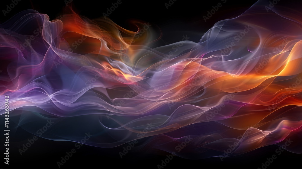 Abstract fiery and smoky waves in purple, orange, and blue hues on black background. Abstract fiery and smoky waves in purple, orange, and blue hues on black background.