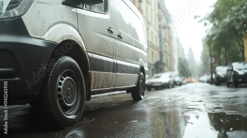 A rainy city street scene showcasing a muddy delivery van parked beside a slick pavement reflecting surrounding buildings