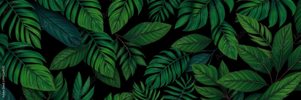 Dark pattern featuring exotic leaves in rich shades of green and black, pattern, tropical, design Dark pattern featuring exotic leaves in rich shades of green and black, pattern, tropical, design
