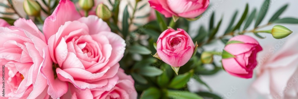 Fresh bunch of pink peonies and roses with copy space on white background, nature, bloom, pink Fresh bunch of pink peonies and roses with copy space on white background, nature, bloom, pink
