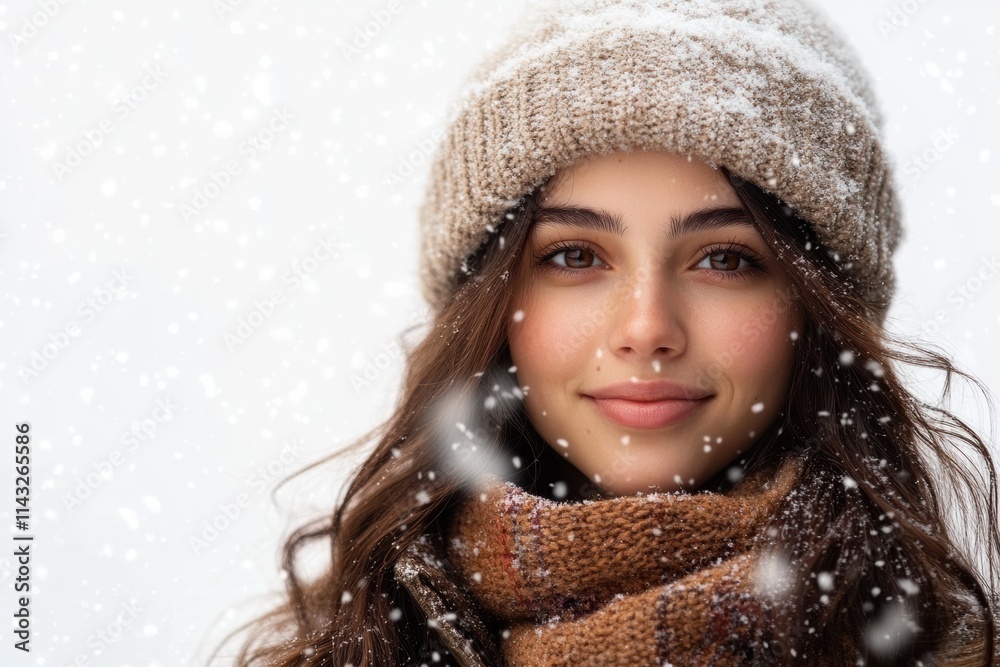 Beautiful woman in cozy winter fashion, wearing knitted hat and coat, snowy background, outdoor portrait, cold weather, seasonal style, frost, nature, warmth, beauty Beautiful woman in cozy winter fashion, wearing knitted hat and coat, snowy background, outdoor portrait, cold weather, seasonal style, frost, nature, warmth, beauty