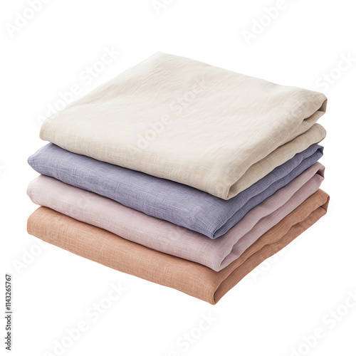 Stack of soft linen fabric in pastel colors, isolated on transparent background.