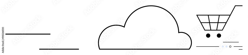 Cloud with shopping cart and horizontal lines indicating speed. Ideal for digital storage, e-commerce, online services, cloud computing, internet connectivity, data transfer, tech solutions. Line Cloud with shopping cart and horizontal lines indicating speed. Ideal for digital storage, e-commerce, online services, cloud computing, internet connectivity, data transfer, tech solutions. Line