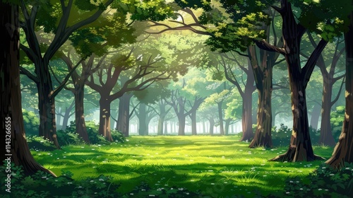 Anime forest landscape nature background. Beautiful trees with green grass in japanese anime style