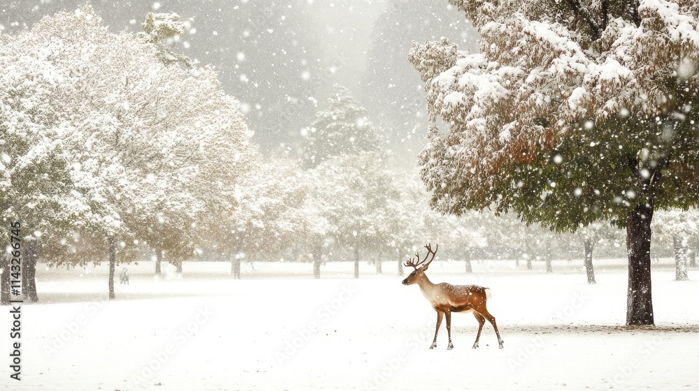 A solitary deer standing gracefully in a snowy landscape surrounded by trees, capturing the tranquil beauty of winter's snowfall A solitary deer standing gracefully in a snowy landscape surrounded by trees, capturing the tranquil beauty of winter's snowfall