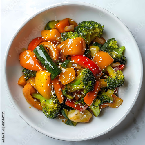 A beautifully plated Cosmic Veggie StirFry presented in a sleek retrofuturistic style The dish is served in a white ceramic bowl showcasing vibrant colorful vegetab photo