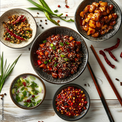 Sichuan peppers and Sichuanese dishes seen from the top on a white wood table Photo style Premium south east asian vibe photo