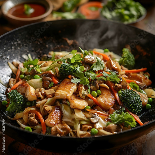 A closeup of a vibrant Asian stirfry in a black wok featuring small bitesized pieces of fish fillet alongside goldenbrown rehydrated porcini mushrooms The dish is f photo