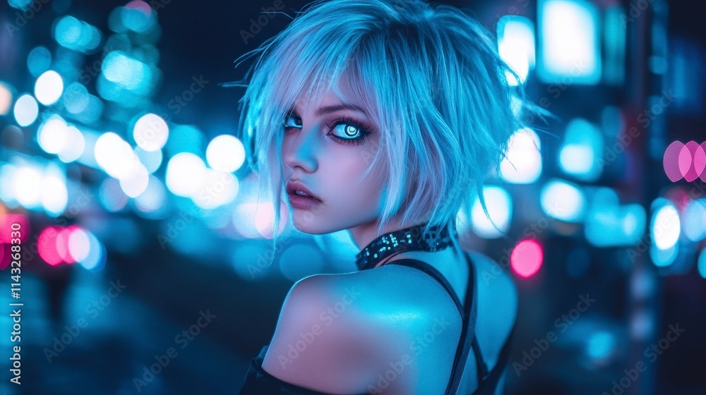A captivating young woman with striking features and a vibrant hairstyle gazes towards the viewer, illuminated by city lights A captivating young woman with striking features and a vibrant hairstyle gazes towards the viewer, illuminated by city lights