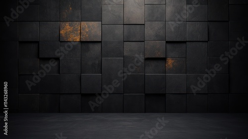 Geometric Dark Tech Background with Glowing Squares and Rectangles - Abstract Anthracite 3D Room Texture Wallpaper Illustration
