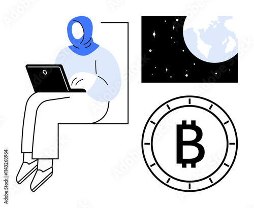 Woman in hijab typing on laptop, Earth with stars, Bitcoin symbol. Ideal for technology, finance, cryptocurrency, remote work, global connectivity, space exploration, diversity themes. Line metaphor