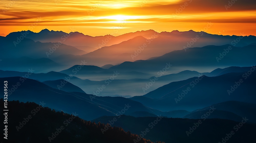 The captivating beauty of golden hour lighting up distant mountain ranges as the sun dips below the horizon The captivating beauty of golden hour lighting up distant mountain ranges as the sun dips below the horizon