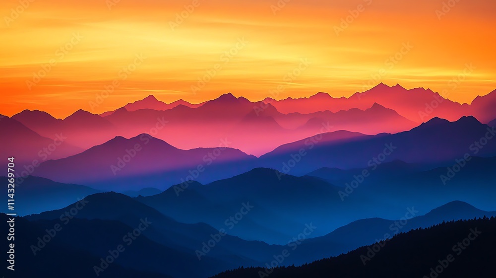 Layers of distant mountain ranges glowing in the golden hour light with a fiery sunset filling the sky 