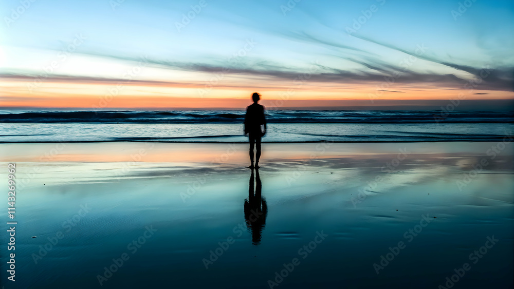 Solitary Figure on Beach at Sunset: Ocean Reflection, Contemplation & Future Planning with Text Space Solitary Figure on Beach at Sunset: Ocean Reflection, Contemplation & Future Planning with Text Space