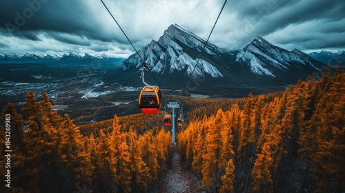 A breathtaking view of a mountain gondola surrounded by vibrant autumn trees and dramatic mountain peaks under moody skies