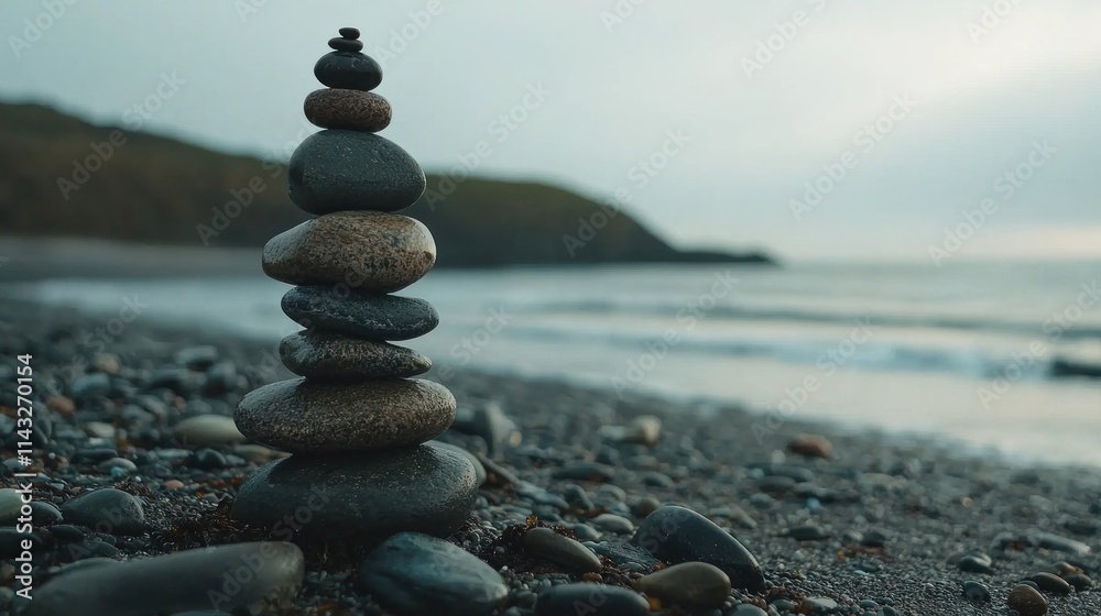 Fototapeta premium A perfectly balanced stone stack on a beach, with calm waves and soft lighting, symbolizing harmony and equilibrium in nature.