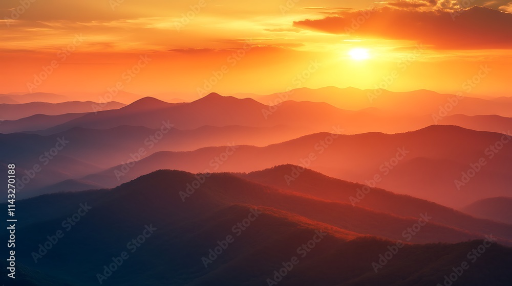 A scenic panorama of mountain ranges under a vivid orange and yellow sunset sky during golden hour A scenic panorama of mountain ranges under a vivid orange and yellow sunset sky during golden hour