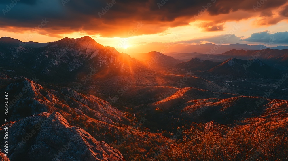 Fototapeta premium A breathtaking view of golden hour light casting warm hues over rugged mountain ranges with a glowing sunset in the background 