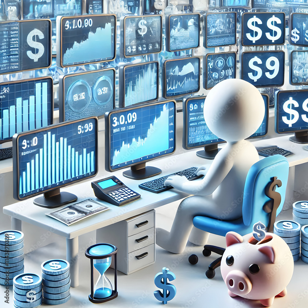 3D Investor Analyzing Stock Market Trends on Multiple Monitors in High-Tech Office 3D Investor Analyzing Stock Market Trends on Multiple Monitors in High-Tech Office