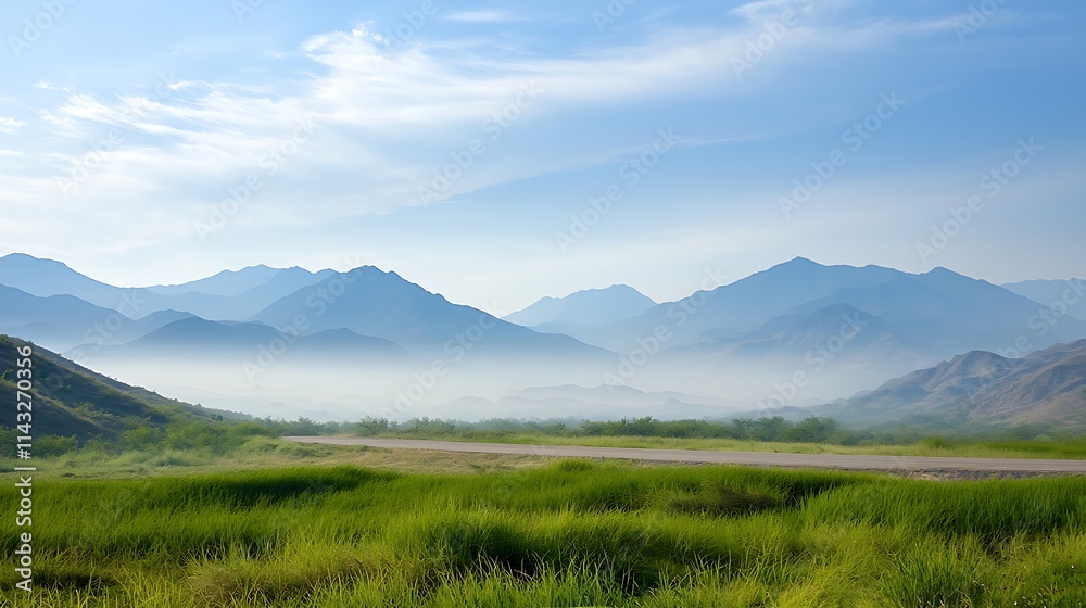 A serene landscape featuring rolling hills, lush green grass, and distant mountains shrouded in mist under a clear blue sky. A serene landscape featuring rolling hills, lush green grass, and distant mountains shrouded in mist under a clear blue sky.