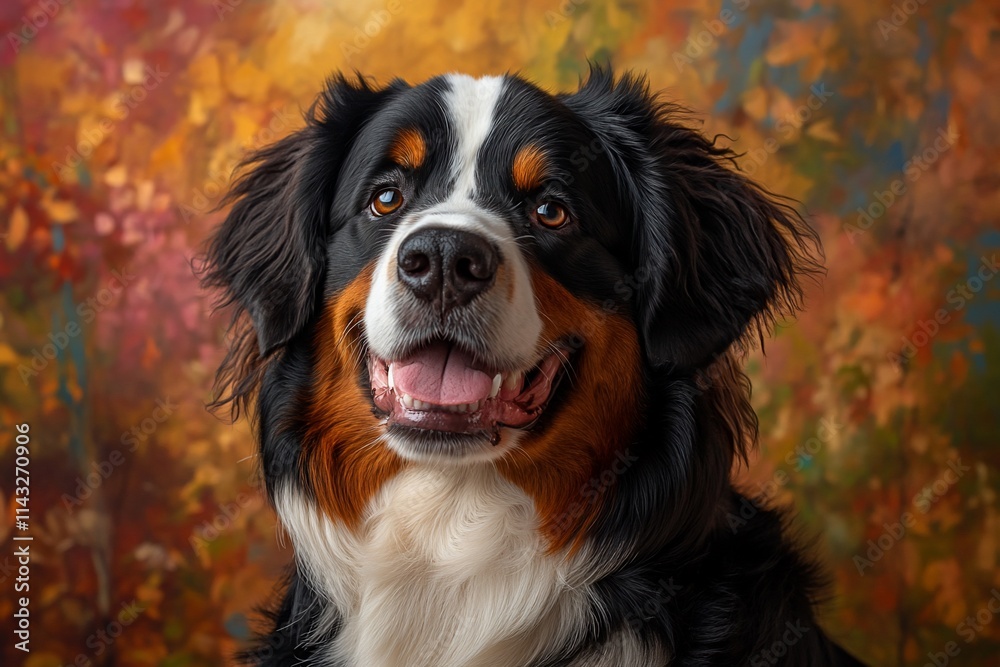 Happy Bernese Mountain Dog portrait on autumn background. Happy Bernese Mountain Dog portrait on autumn background.
