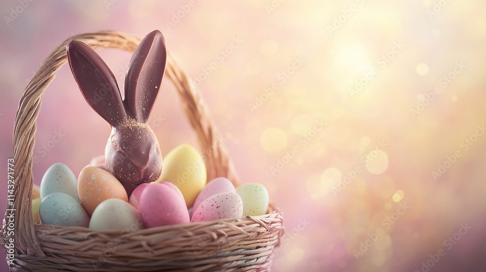 Pastel easter basket with chocolate bunny and colorful eggs on soft bokeh background for happy easter celebration Pastel easter basket with chocolate bunny and colorful eggs on soft bokeh background for happy easter celebration