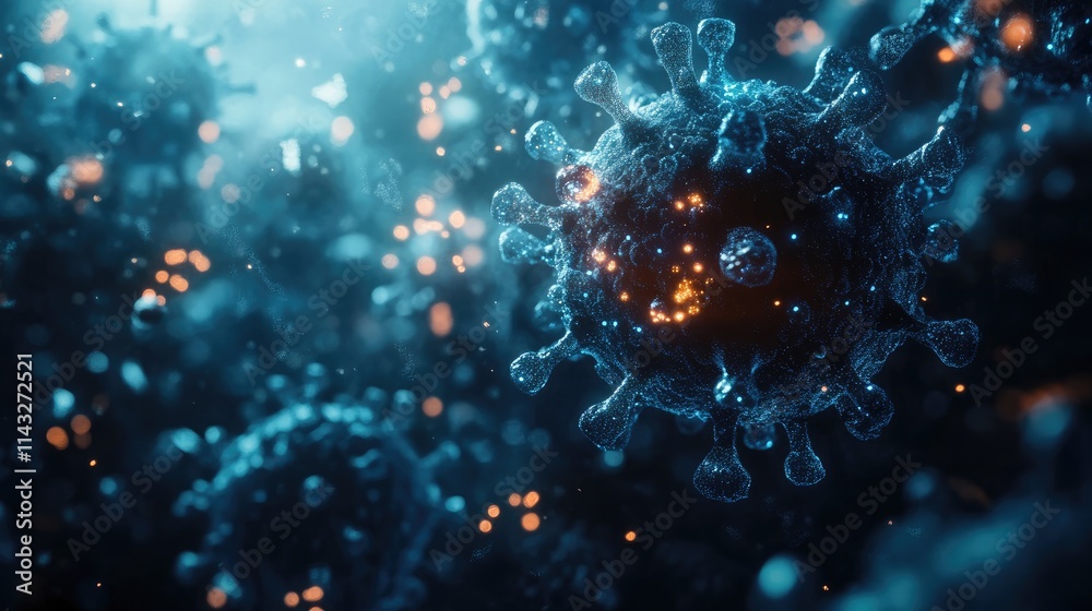 Microscopic view of a virus surrounded by luminous particles in a futuristic laboratory, viruses, biotechnology concept Microscopic view of a virus surrounded by luminous particles in a futuristic laboratory, viruses, biotechnology concept
