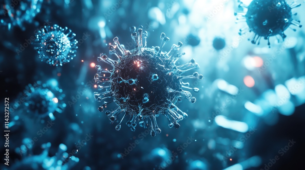 Microscopic view of a virus surrounded by luminous particles in a futuristic laboratory, viruses, biotechnology concept Microscopic view of a virus surrounded by luminous particles in a futuristic laboratory, viruses, biotechnology concept