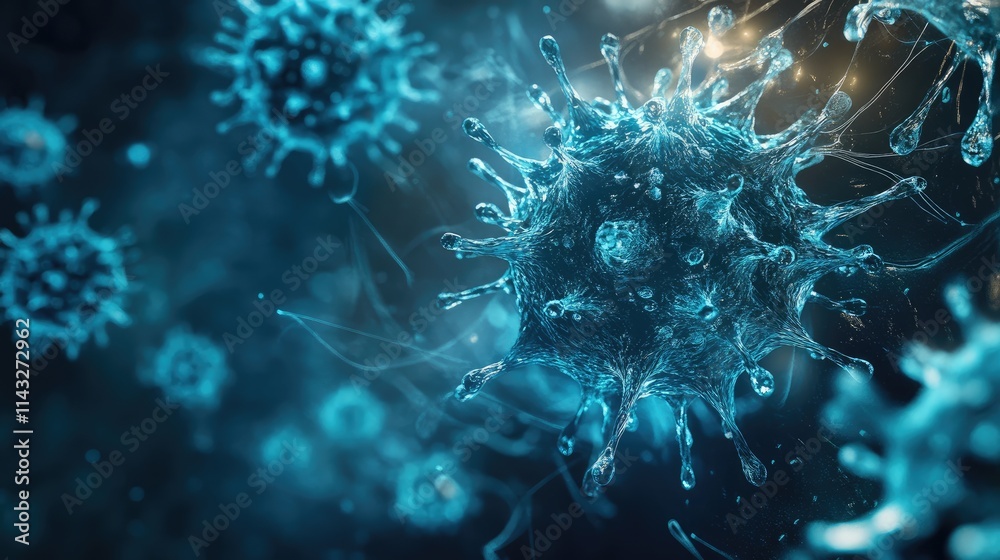 Fototapeta premium Microscopic view of a virus surrounded by luminous particles in a futuristic laboratory, viruses, biotechnology concept 