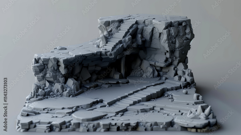 A 3D representation showcases a rugged terrain with staircases carved into the stone and scattered rocks, highlighting a dramatic landscape A 3D representation showcases a rugged terrain with staircases carved into the stone and scattered rocks, highlighting a dramatic landscape