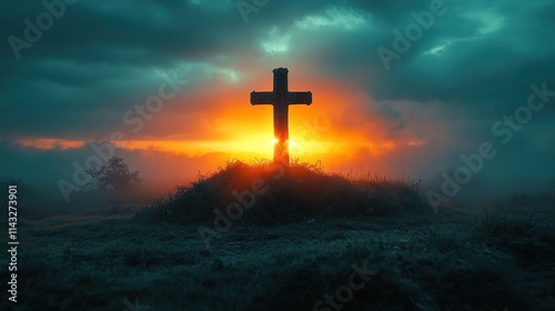 Sunrise behind a cross on a hill. photo