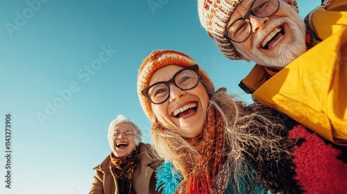 Joyful Elderly Laughter: Low Angle View photo