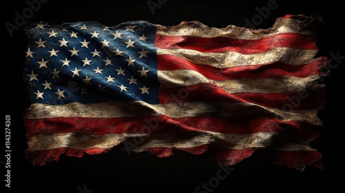 Weathered, tattered American flag on black background.