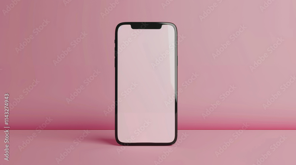 A sleek smartphone stands against a soft pink backdrop, presenting a blank screen for showcasing app designs and advertisements effectively A sleek smartphone stands against a soft pink backdrop, presenting a blank screen for showcasing app designs and advertisements effectively