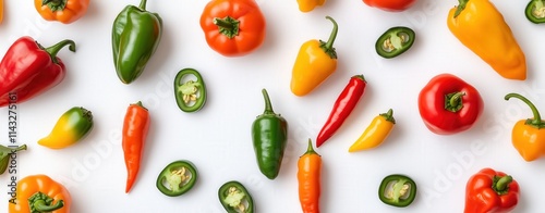 Wallpaper Mural Top view of colorful peppers scattered on white background, fresh vegetables and organic produce Torontodigital.ca