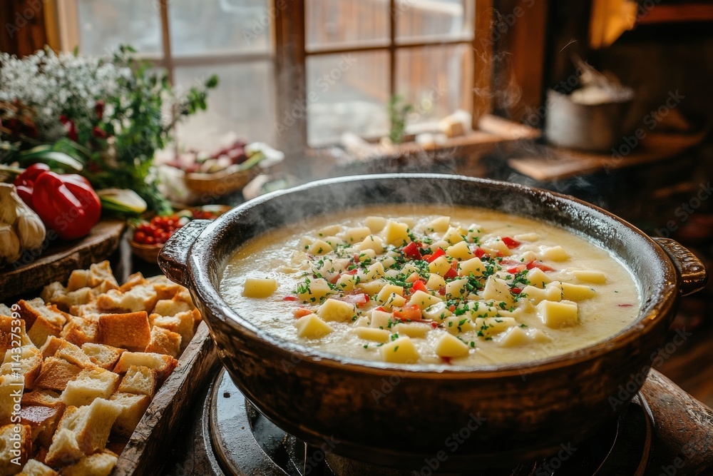 Rustic Kitchen Scene with Pot of Hearty Vegetable Soup Cooking Rustic Kitchen Scene with Pot of Hearty Vegetable Soup Cooking