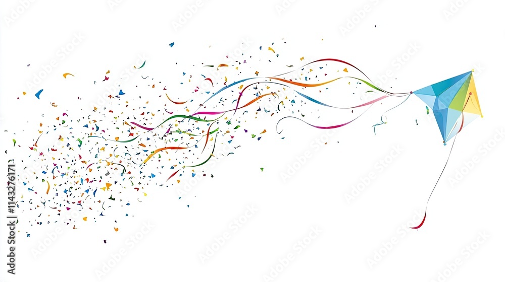 Fototapeta premium A colorful kite soaring with vibrant ribbons and confetti, symbolizing joy and celebration.