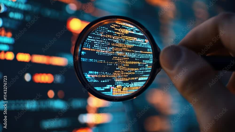 Code Under Scrutiny: A close-up of a hand holding a magnifying glass over a screen filled with lines of code, highlighting the intricate world of software development and cybersecurity.  