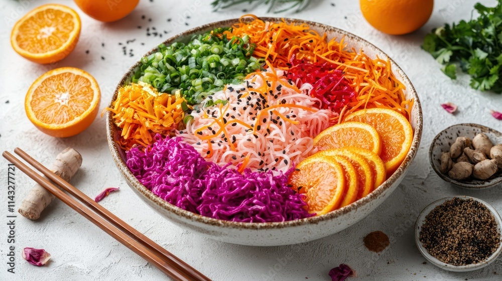 Lunar new year celebration with prosperity salad yu sheng chinese new year 2025 dragon and snake imagery festive red background