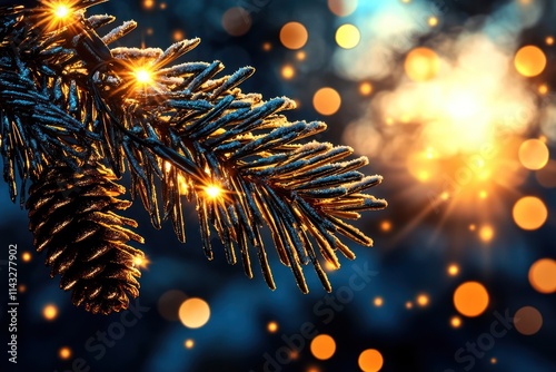 Winter Wonderland: Festive Fir Tree with Sunlight, Snowy Branches, Xmas Decorations, and Blurred Garland Lights in the Background