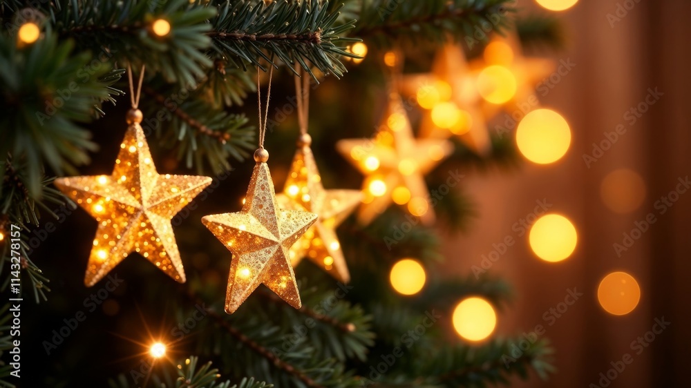 Garland with Christmas sparkling golden stars hanging on fir tree branches. Background bright blurred golden light bokeh light. Festive Christmas greeting banner with copy space Garland with Christmas sparkling golden stars hanging on fir tree branches. Background bright blurred golden light bokeh light. Festive Christmas greeting banner with copy space