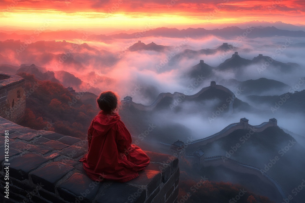 Serene Monk Meditation at Dawn Over Misty Great Wall Landscape Serene Monk Meditation at Dawn Over Misty Great Wall Landscape