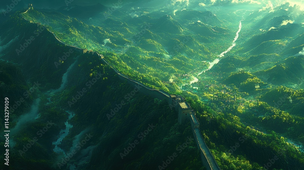 Majestic Aerial View of Lush Mountains and Historic Wall Landscape Majestic Aerial View of Lush Mountains and Historic Wall Landscape