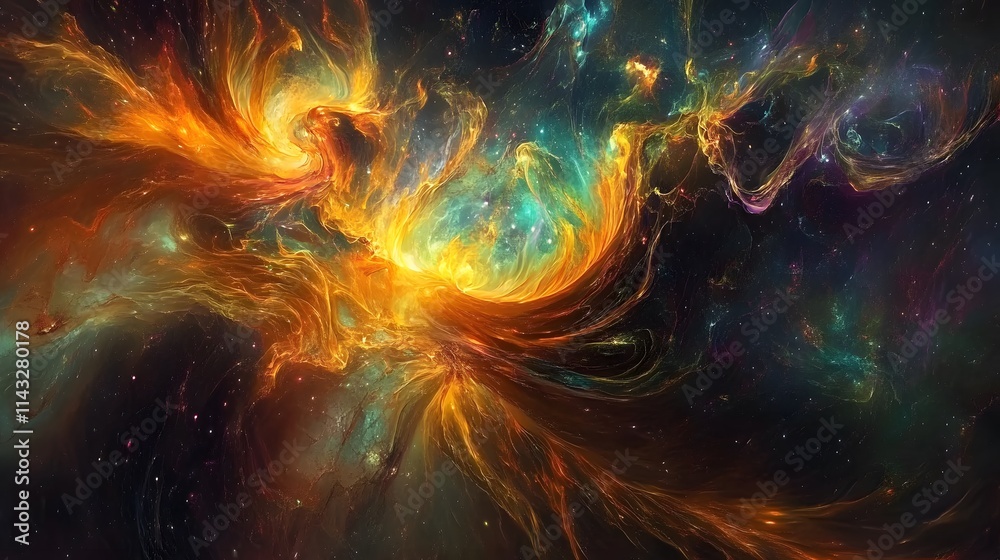 Abstract digital art depicting cosmic elements like stars and nebulae in rich, swirling colors Abstract digital art depicting cosmic elements like stars and nebulae in rich, swirling colors