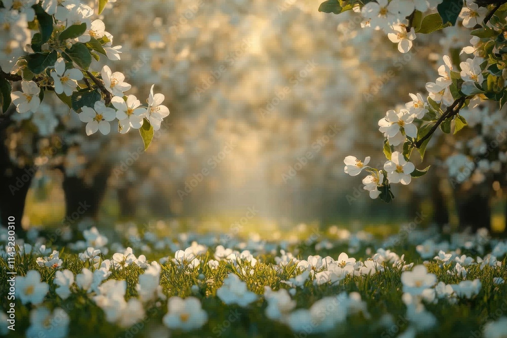 Blossoming Apple Orchard with Sunlit Background and White Flowers Blossoming Apple Orchard with Sunlit Background and White Flowers