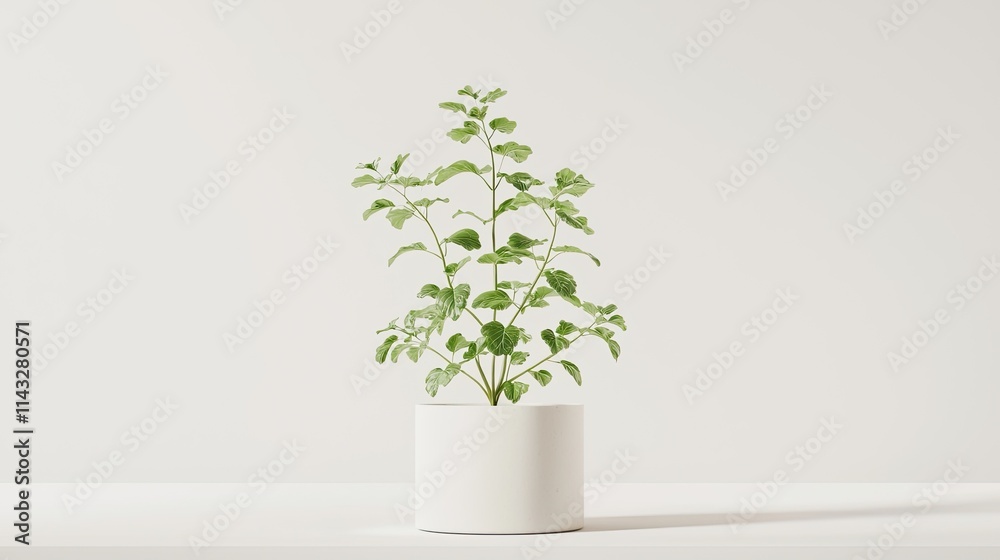 A small green plant in a white pot on a minimalist surface. A small green plant in a white pot on a minimalist surface.